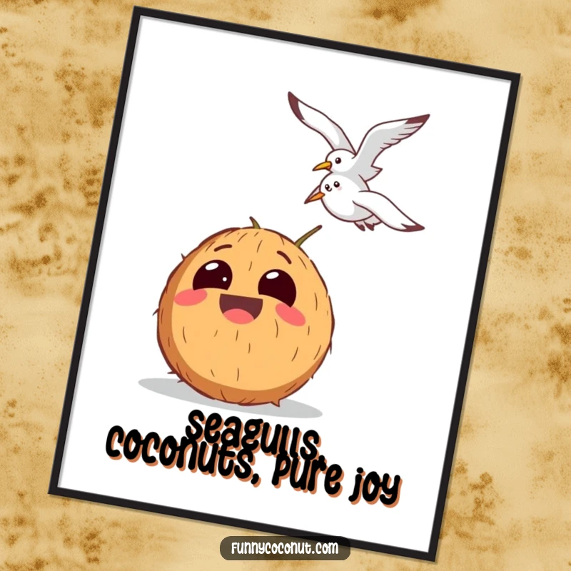 Funny Free Printable Wall Art: A coconut with comically large eyes laughs uncontrollably at a seagull in flight.