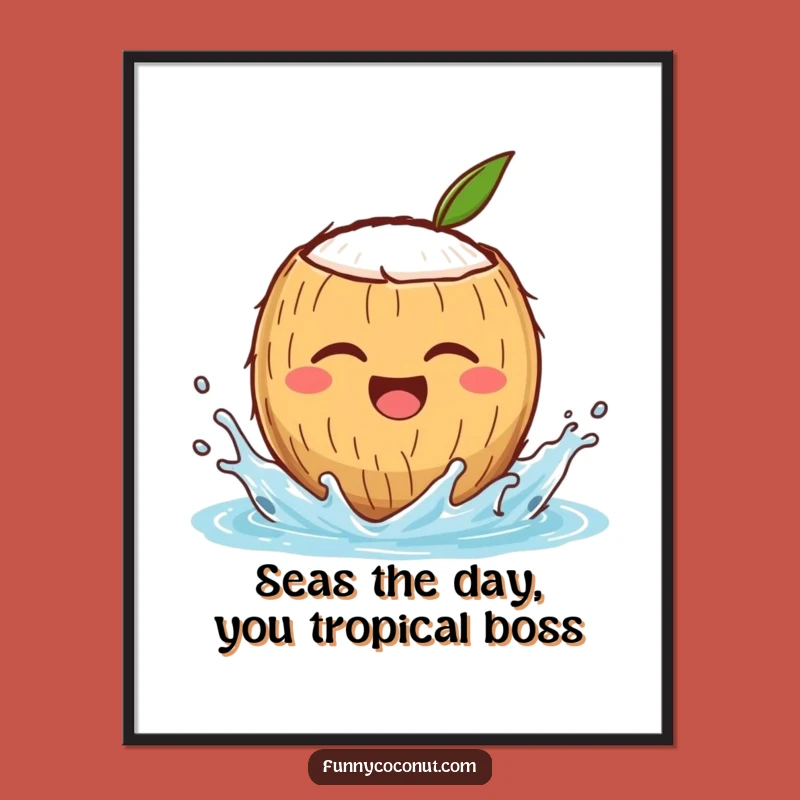 Funny Free Printable Wall Art: Winking Coconut Splashing Joyful Vibes, Downloadable Tropical Decor