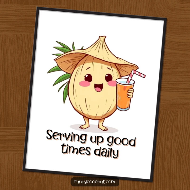 Funny Free Printable Wall Art: Cheerful kawaii coconut in a straw hat, expertly mixing and serving a colorful tropical drink with a grin.