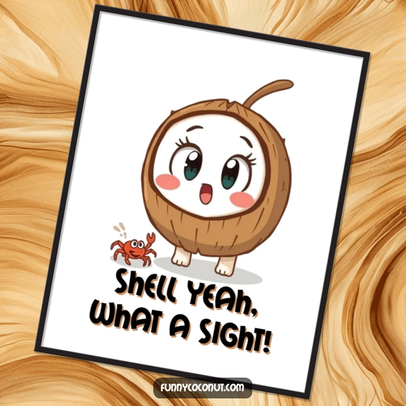 Funny Free Printable Wall Art: A coconut with wide, surprised eyes observes a small crab scuttling by, a humorous, downloadable, print-at-home decoration.
