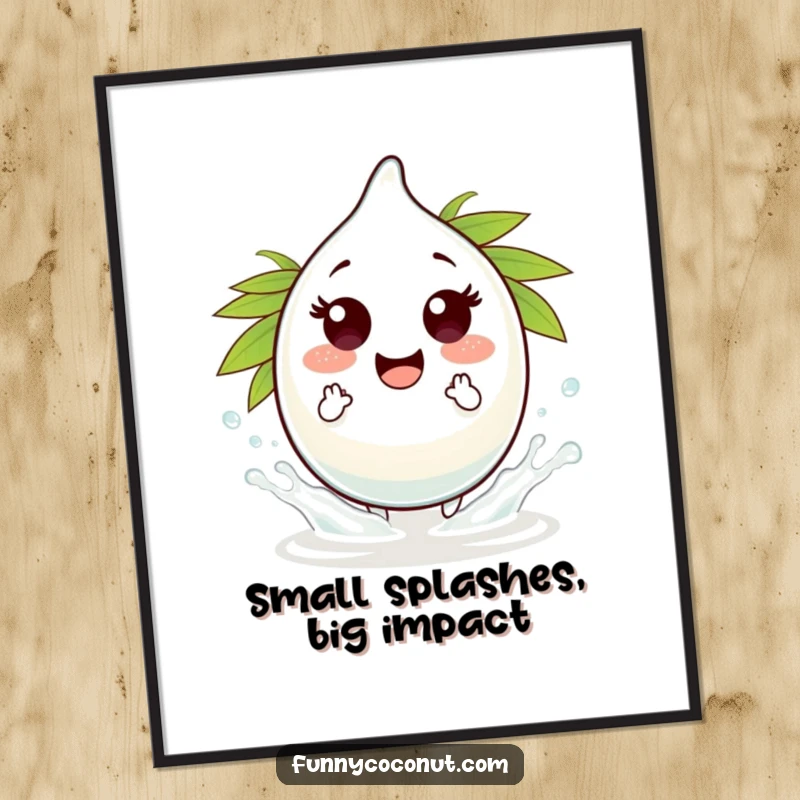 Funny Free Printable Wall Art: a playful coconut water droplet character creating tiny, refreshing splashes.