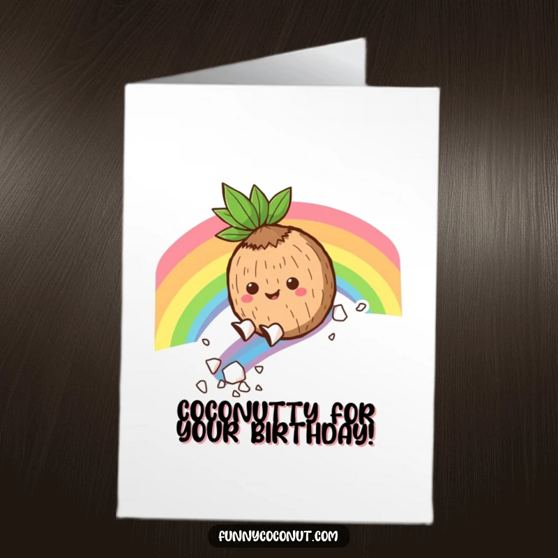 Funny Free Printable Birthday Card: Coconut character joyfully slides down a rainbow, leaving a trail of delicious coconut flakes.