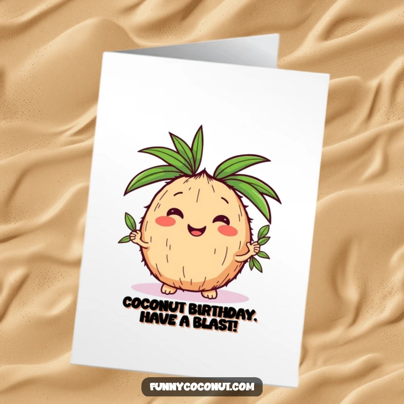 Funny Free Printable Birthday Card: Adorable kawaii coconut happily juggling palm leaves, spreading joy and laughter for a special day.