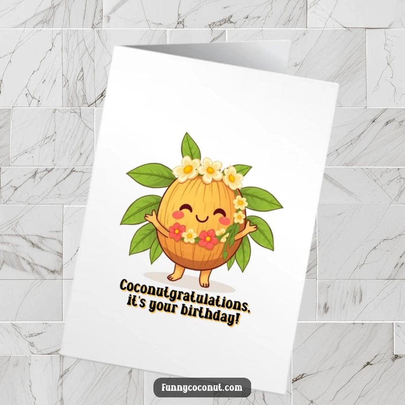 Funny free printable birthday card with a cheerful coconut wearing a lei, joyfully dancing the hula with tropical vibes.