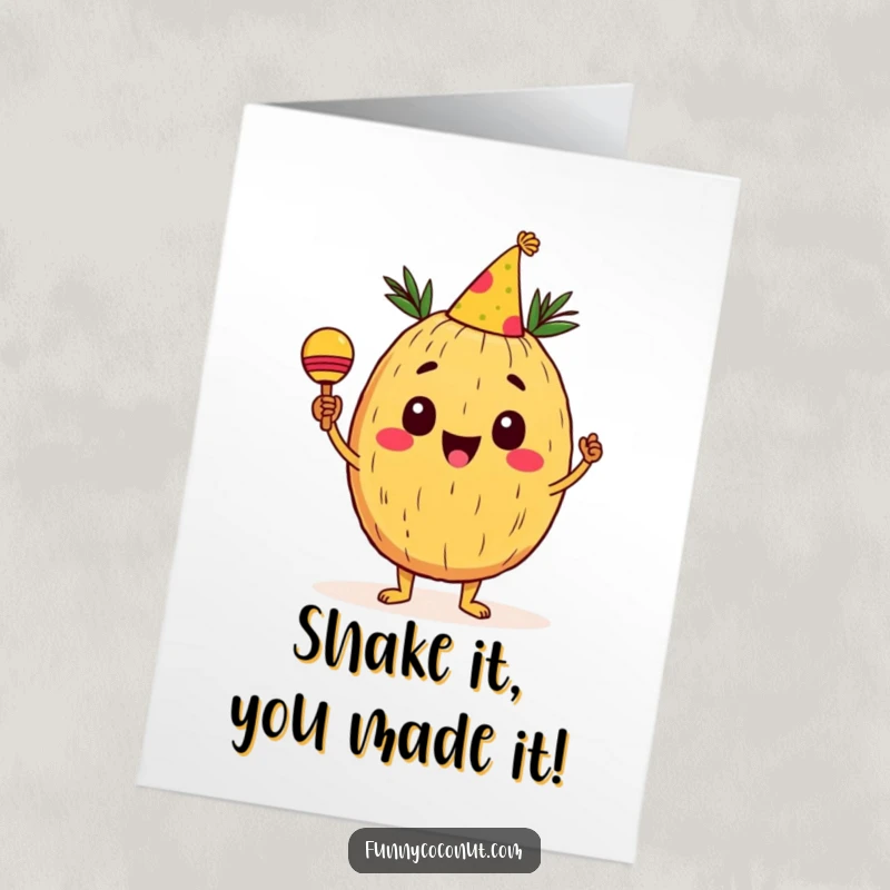 Funny free printable birthday card featuring a happy coconut wearing a party hat and shaking maracas with great enthusiasm.