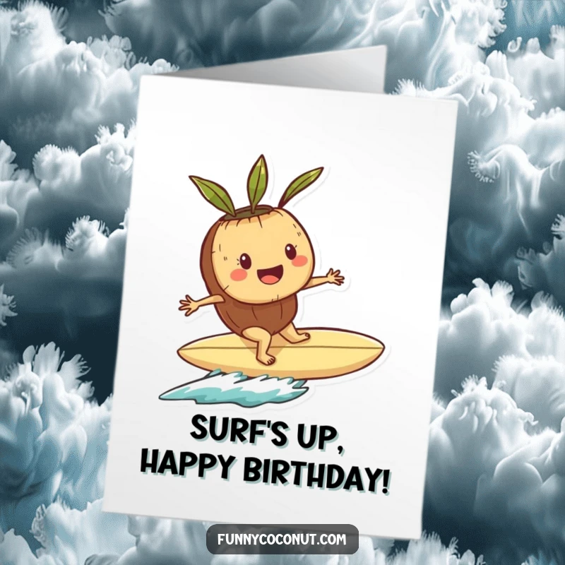 Funny Free Printable Birthday Card: Playful coconut character expertly rides a seashell surfboard, catching a big wave with a grin.