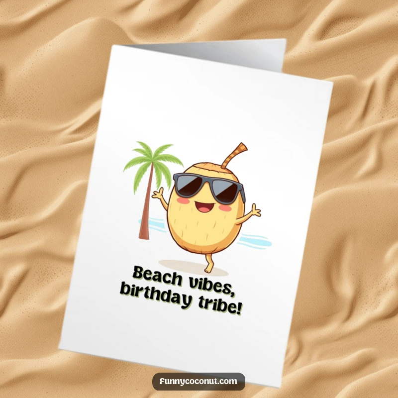 Funny Free Printable Birthday Card: Sunglasses-wearing coconut dancing joyfully on a beach, ready to party.