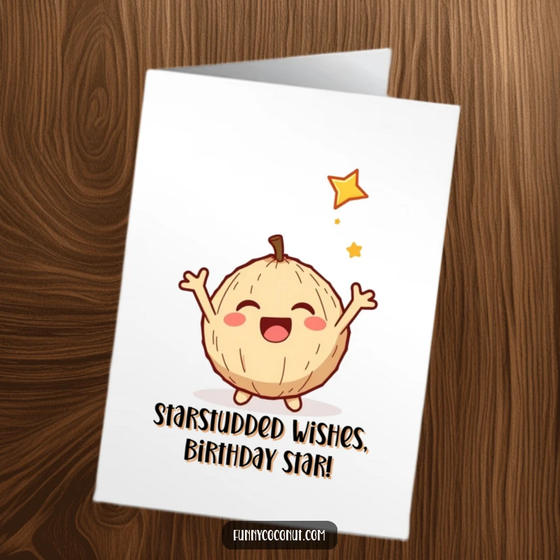 Funny Free Printable Birthday Card: Delighted coconut with arms wide, catching a shooting star, celebrating joy.
