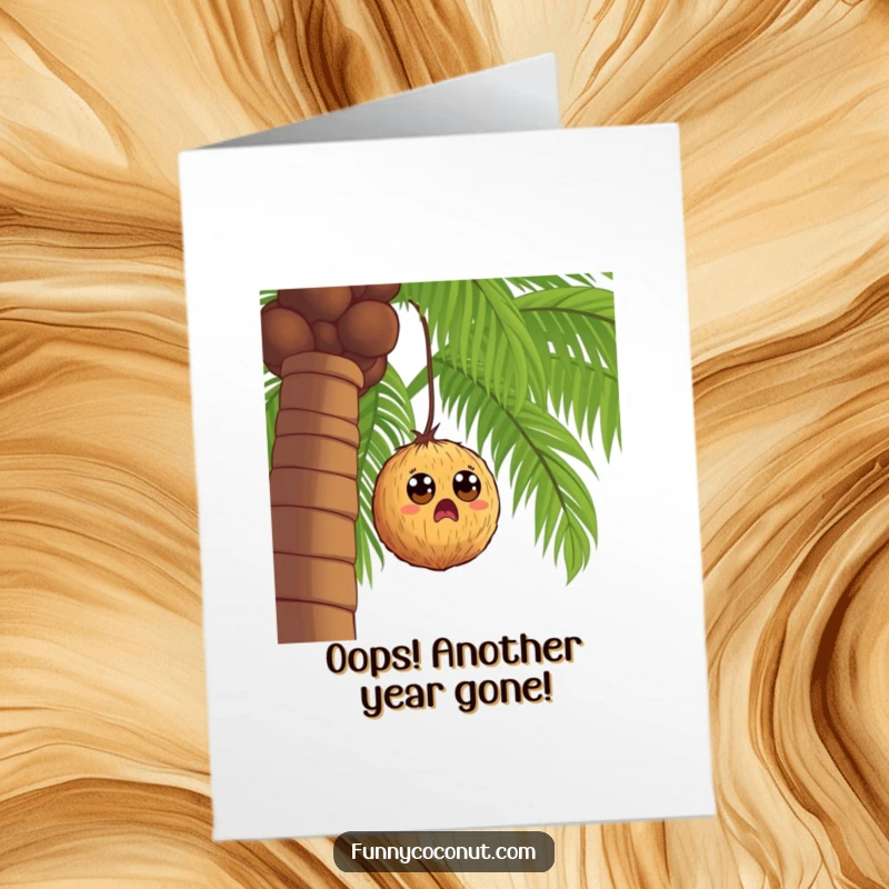 Funny Free Printable Birthday Card: A surprised coconut with big eyes falls from a palm tree, mid-surprise.