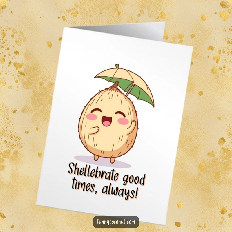 Funny Free Printable Birthday Card featuring a giggling coconut character balancing a tiny umbrella on its head with a joyful expression.