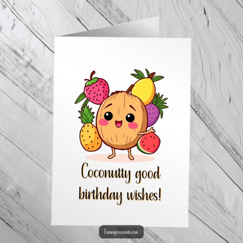 Funny Free Printable Birthday Card: Giggling coconut character joyfully juggles pineapple, mango, and kiwi, spreading fruity cheer.