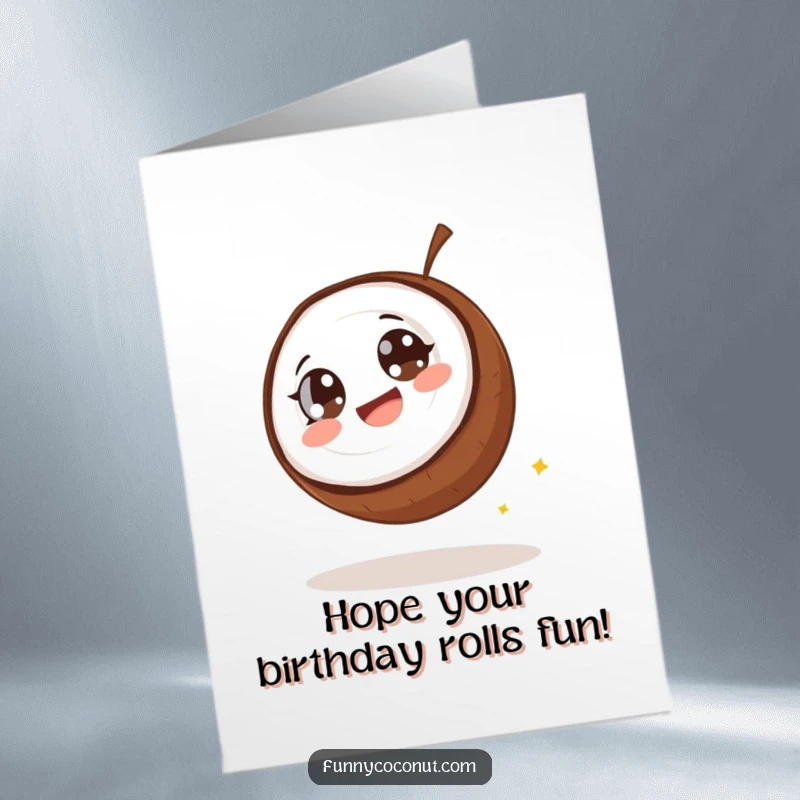 Funny Free Printable Birthday Card: A coconut with wide eyes giggling uncontrollably as it rolls downhill with pure joy.
