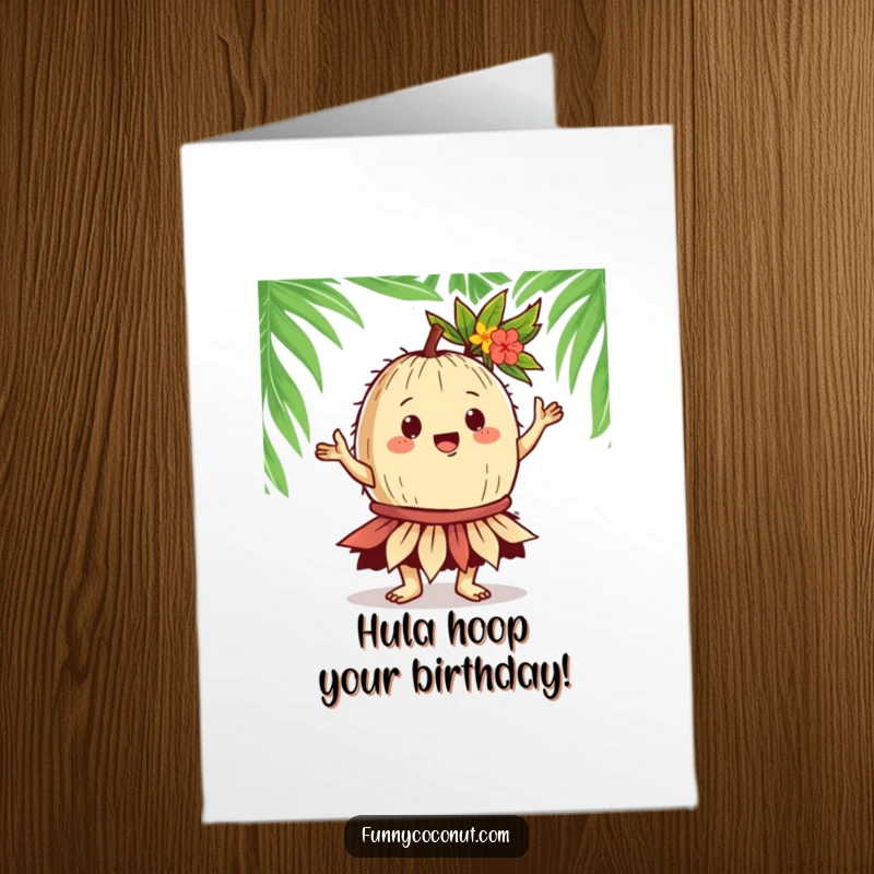 Funny free printable birthday card featuring a gregarious coconut doing a hula dance in a leafy skirt with a joyful expression.