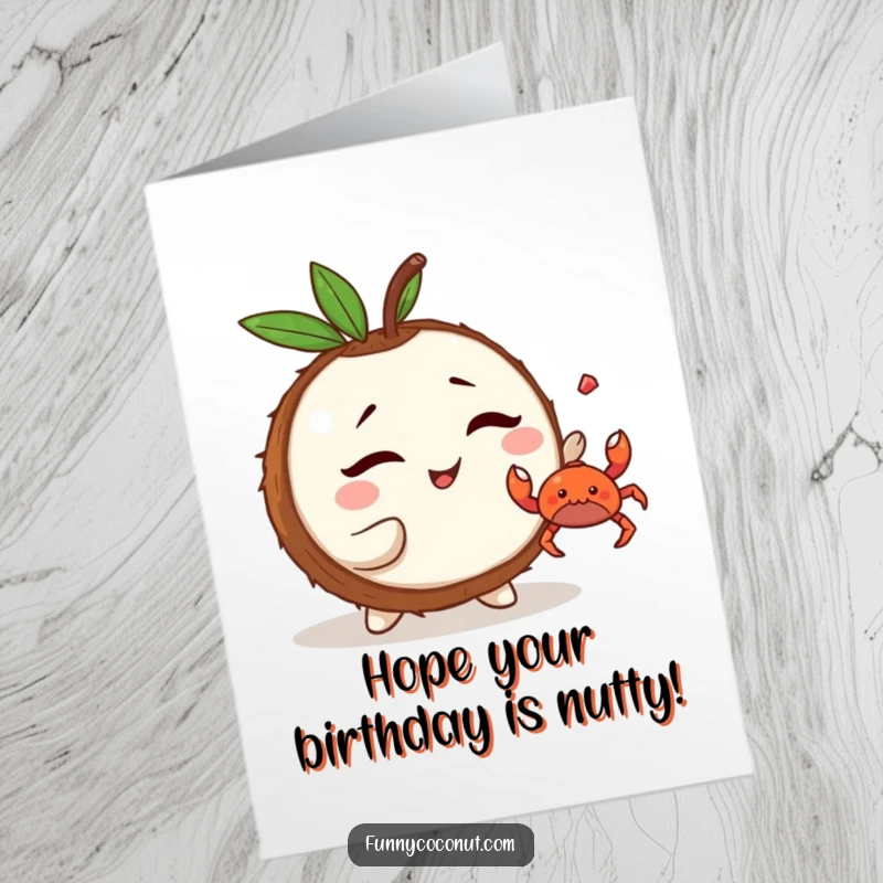 Funny Free Printable Birthday Card: Mischievous kawaii coconut winking as it tosses a tiny crab, celebrating with a prank.