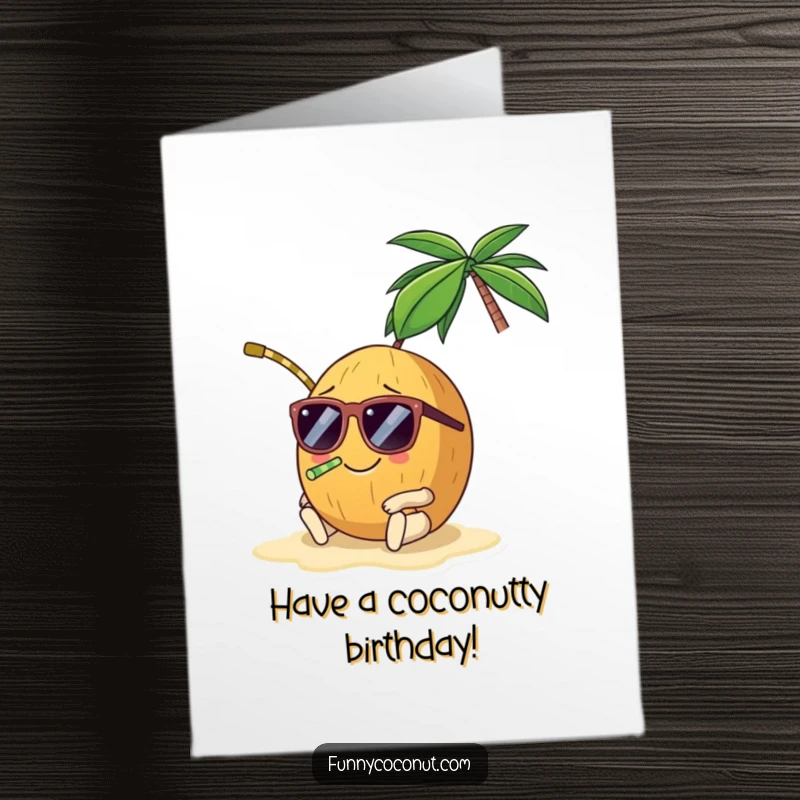 Funny Free Printable Birthday Card: Smiling coconut with straw and sunglasses lounging on a beach, exuding relaxation and fun.