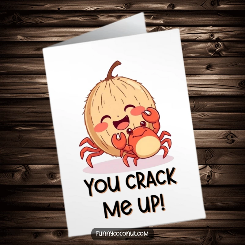 Funny Free Printable Birthday Card: A giggling coconut with rosy cheeks is being tickled by a small crab with glee.