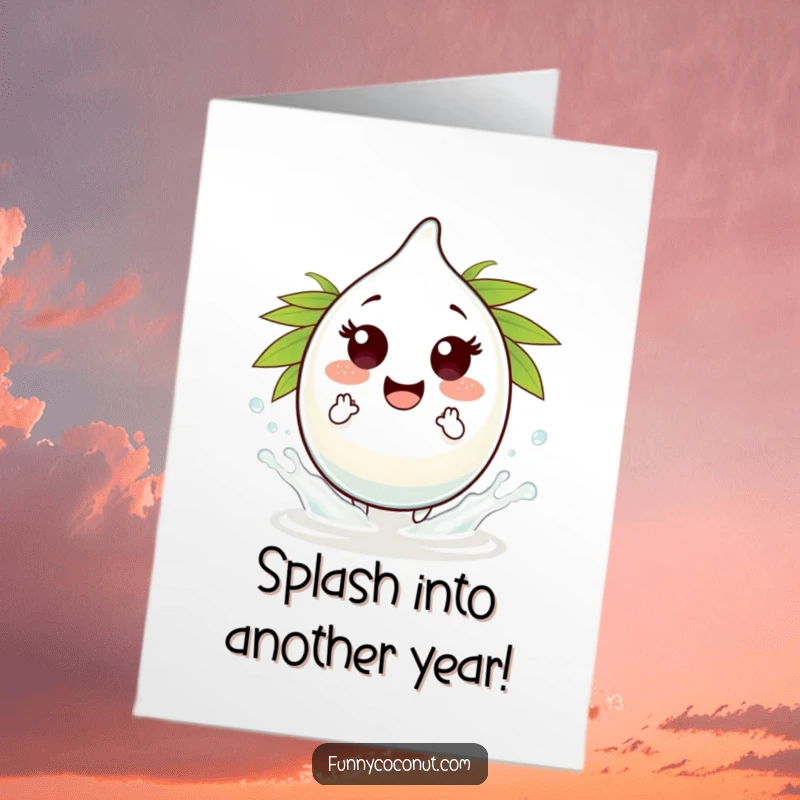 Funny Free Printable Birthday Card: a playful coconut water droplet character making tiny, joyful splashes.