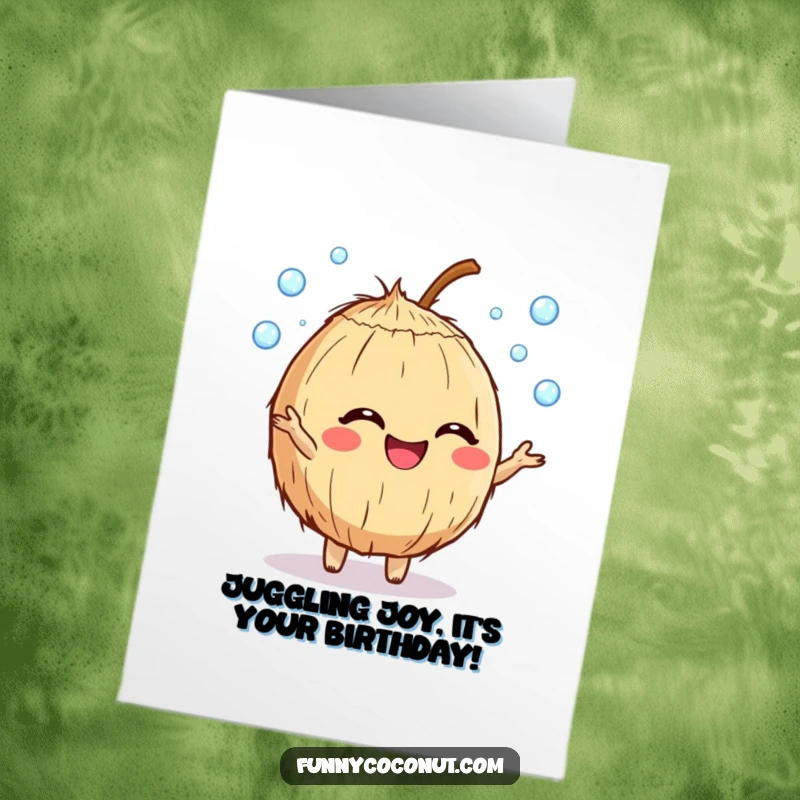 Funny Free Printable Birthday Card: a giggling coconut character joyfully juggling shimmering dewdrops.