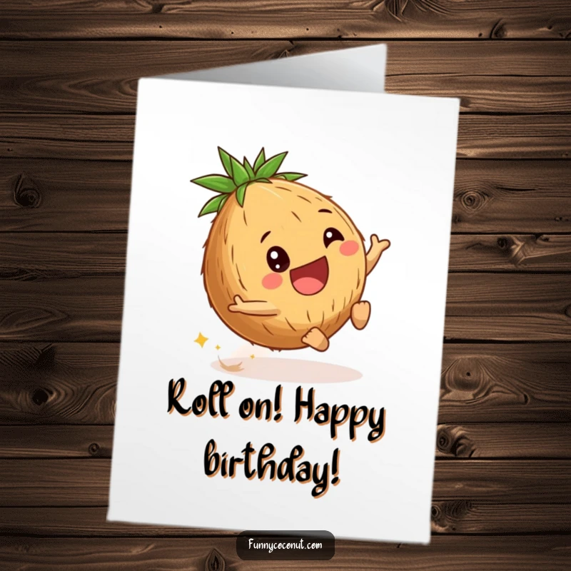 Funny Free Printable Coconut Birthday Card: Delighted young coconut rolling downhill, wishing a happy birthday.