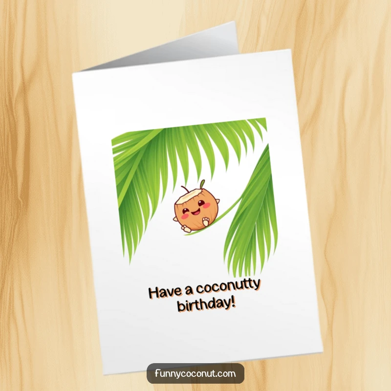 Funny Free Printable Birthday Card: A smiling coconut slides down a palm frond, bringing tropical birthday cheer.