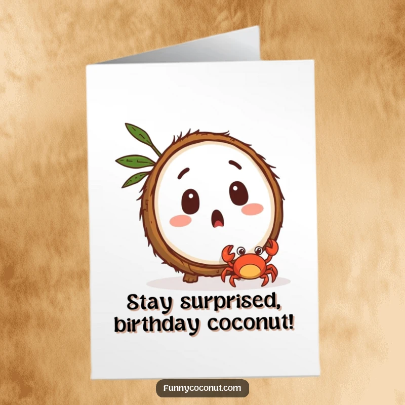 Funny Free Printable Birthday Card: Surprised coconut watches a tiny crab scuttle away, adding a funny twist to birthday wishes.
