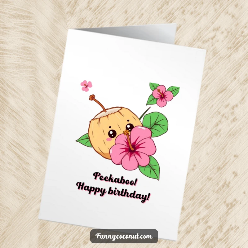 Funny Free Printable Birthday Card: Curious coconut character peeking from behind a hibiscus flower, a fun downloadable greeting.