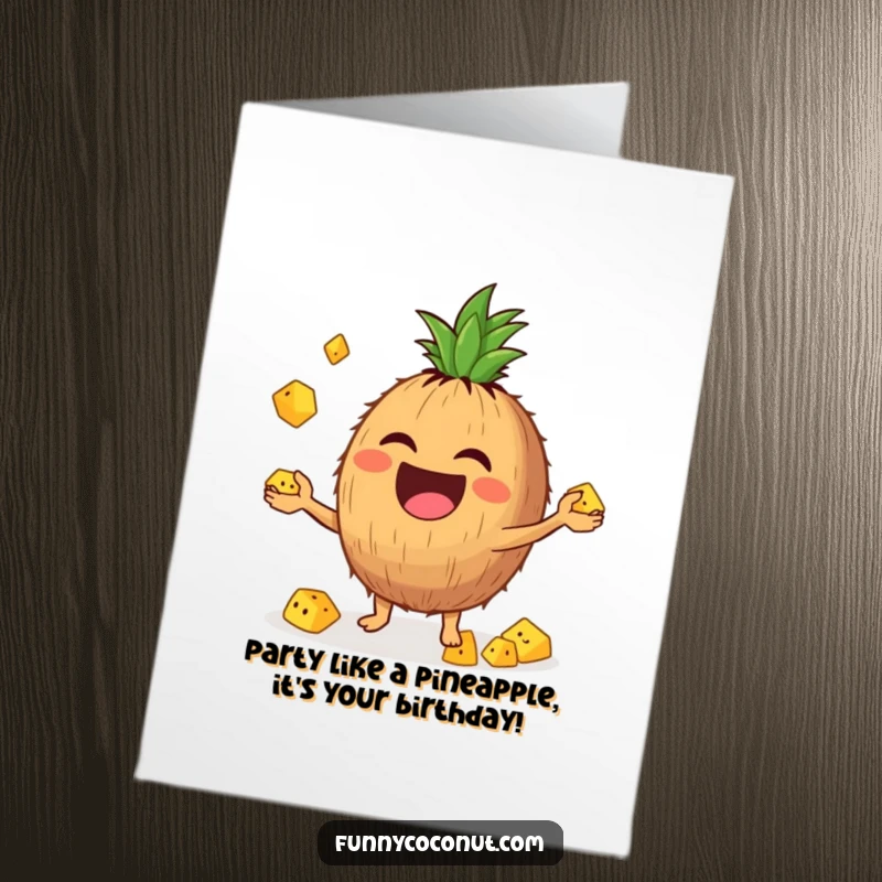 Funny Free Printable Birthday Card: Enthusiastic coconut laughing hard while juggling small pineapples, a festive birthday surprise.