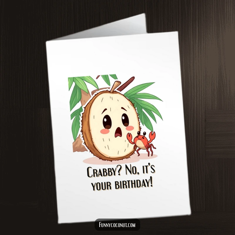 Funny Free Printable Birthday Card: Surprised coconut looks on as a tiny crab dances nearby, a hilarious birthday twist.