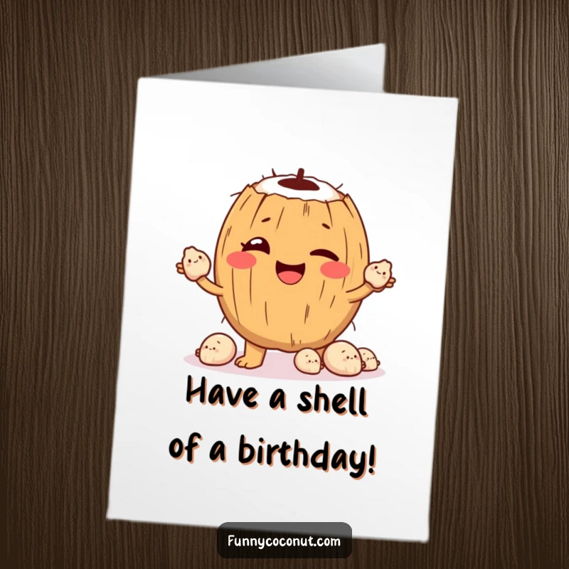 Funny Free Printable Birthday Card: A coconut character winks while expertly juggling smiling seashells, a tropical party starter.