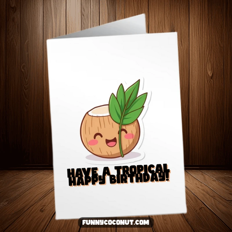Funny Free Printable Birthday Card: Laughing Coconut Peeking from Tropical Leaf