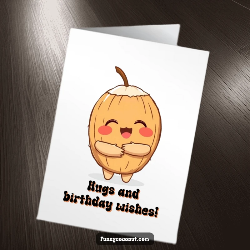 Funny Free Printable Birthday Card featuring a cheerful coconut character offering a warm hug, great for download.