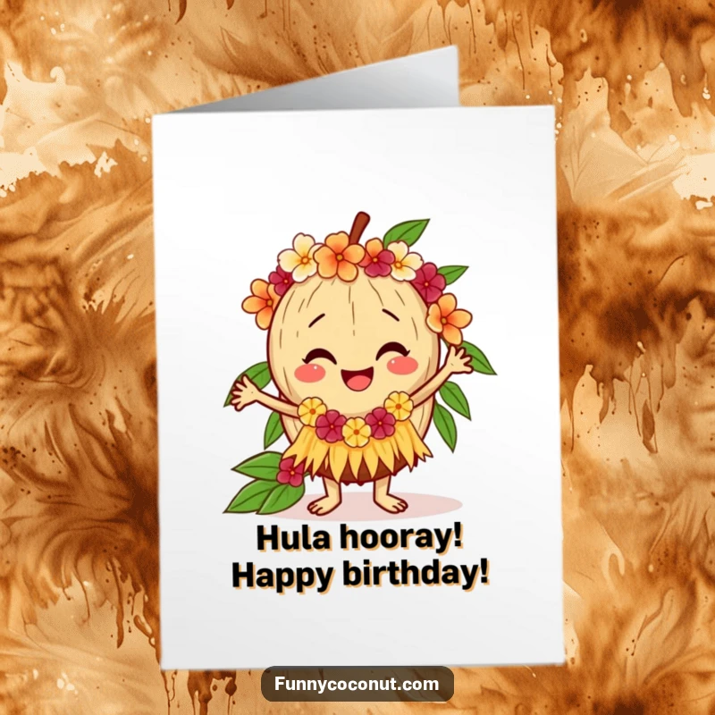 Funny Free Printable Coconut Birthday Card: Happy coconut doing a hula dance with a lei, wishing a tropical birthday.