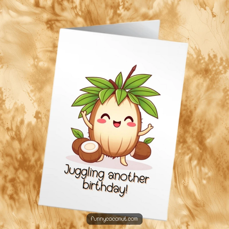 Funny Free Printable Birthday Card: A cheerful coconut with a leafy crown skillfully juggles three smaller coconuts.