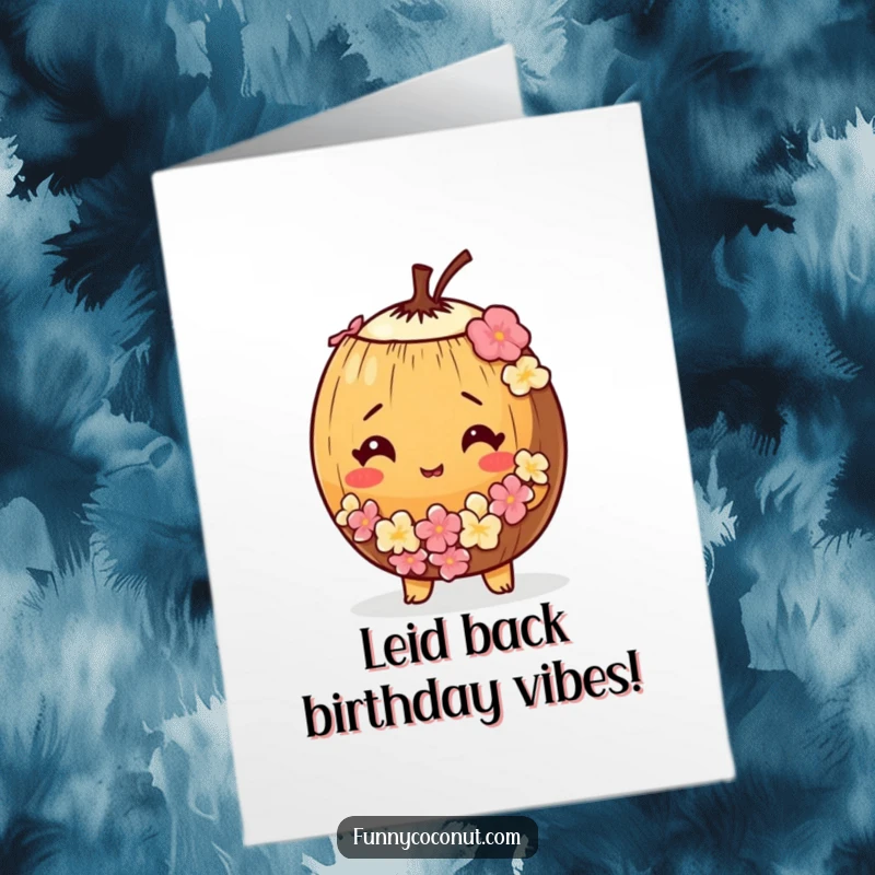 Funny Free Printable Birthday Card: A bewildered coconut wearing a tiny lei, looking surprised and ready for birthday fun.