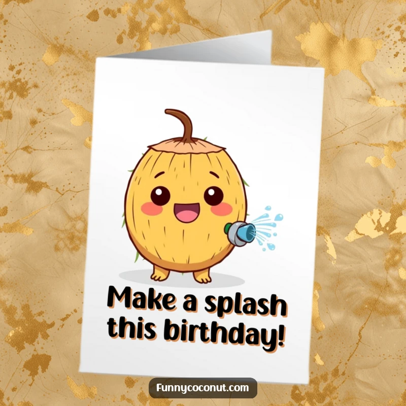 Funny Free Printable Birthday Card: Cheerful coconut happily spraying water from a tiny hose, celebrating a fun birthday.