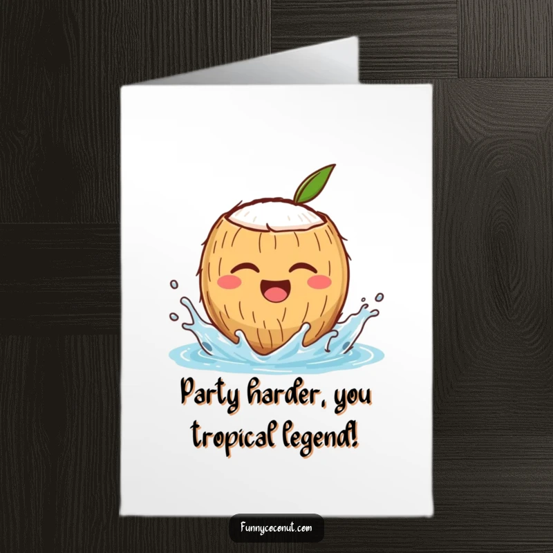 Funny Free Printable birthday card featuring a winking coconut character joyfully splashing water, ready to brighten someone's special day.