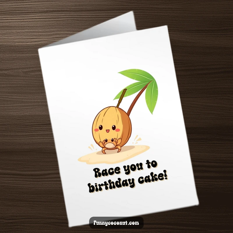 Funny Free Printable Birthday Card: A coconut racing a tiny crab on the sand, competing for birthday fun.