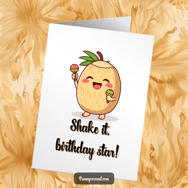 Funny Free Printable Birthday Card featuring a coconut character energetically shaking tiny maracas with a look of pure joy.