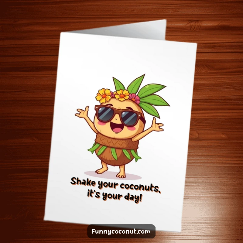 Funny Free Printable Birthday Card: Joyful coconut in sunglasses hula dancing with a big smile, perfect for a fun party.