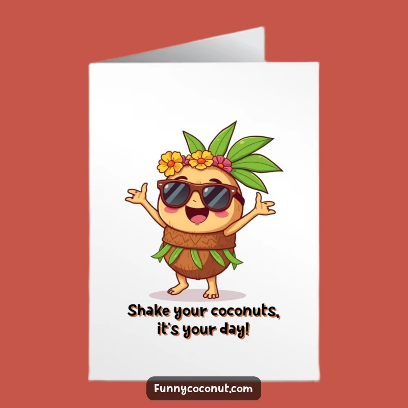 Free Printable Funny Birthday Card: Hula Dancing Coconut Sunglasses for a Tropical Party Greeting