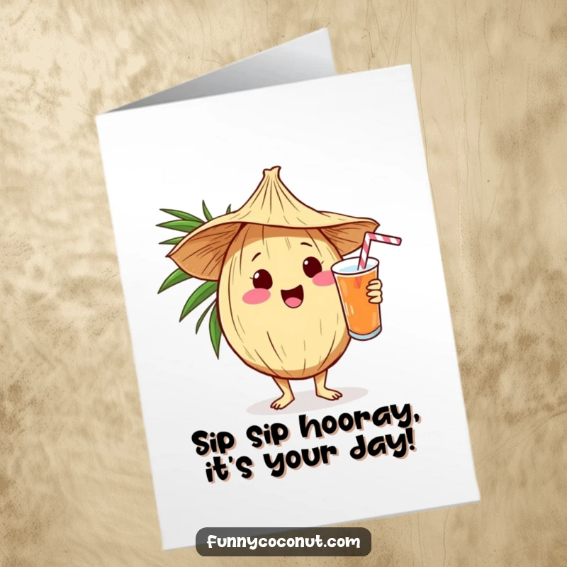 Funny Free Printable Birthday Card: Cheerful kawaii coconut wearing a straw hat, enthusiastically serving a delightful tropical drink for a birthday.