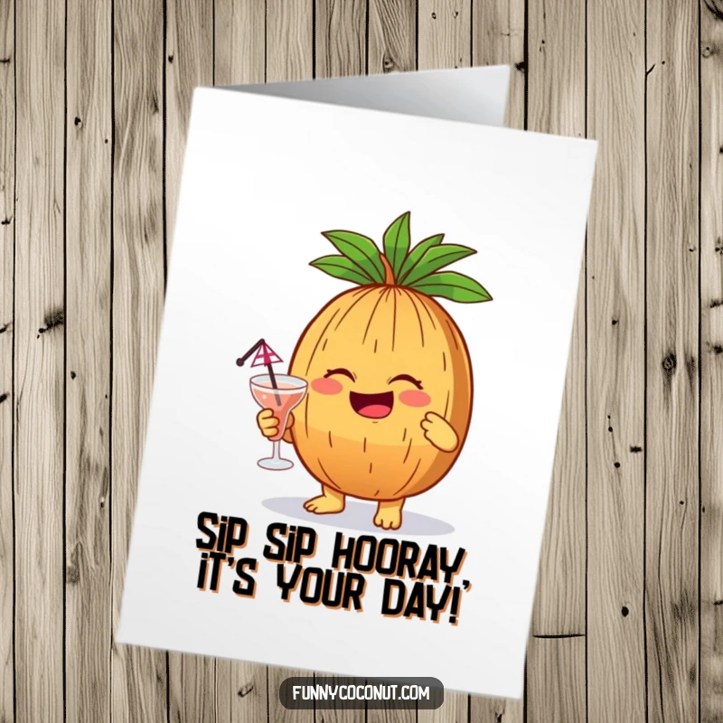 Funny Free Printable Birthday Card: A coconut giggles while holding a miniature cocktail with an umbrella, a fun, downloadable, print-at-home birthday wish.
