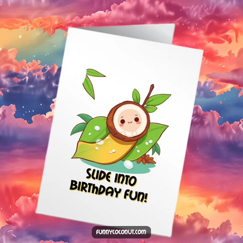 Funny Free Printable Birthday Card: A coconut enjoying a slippery ride down a shiny green leaf.