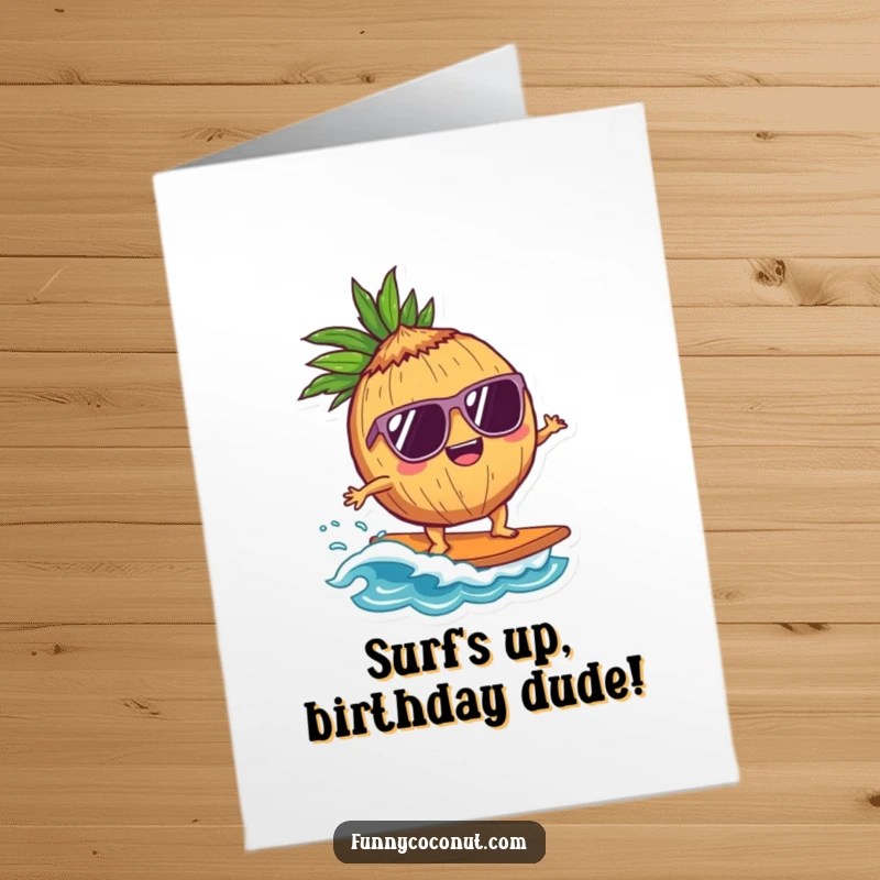 Funny free printable birthday card featuring a delighted coconut in sunglasses surfing a small wave with a cool, relaxed vibe.