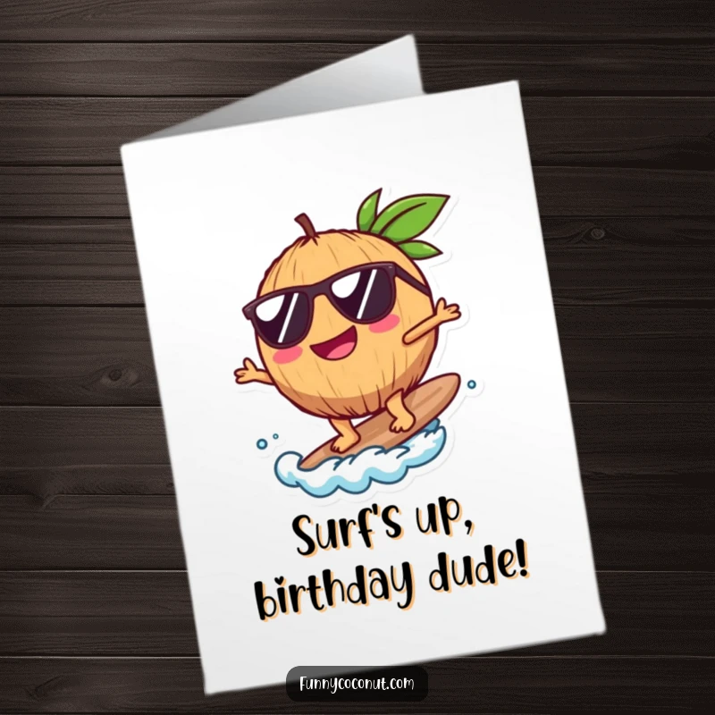 Funny Free Printable Birthday Card: A happy coconut character with sunglasses surfs a small wave.