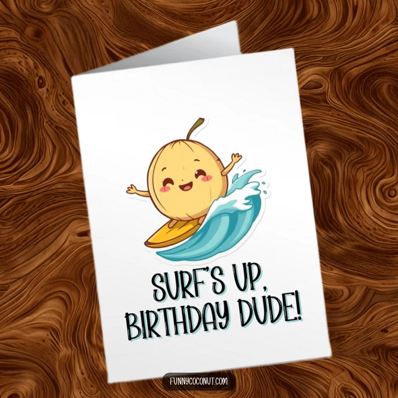 Funny Free Printable Birthday Card: Silly grinning coconut bravely surfs a banana peel wave, perfect for a wild birthday wish.