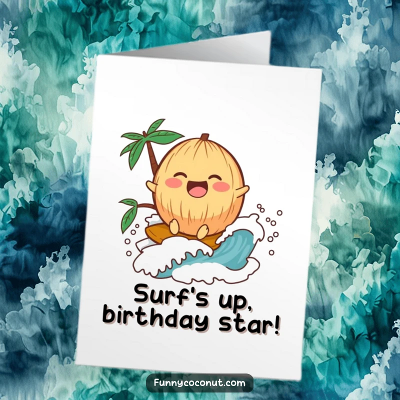 Funny Free Printable Birthday Card: Laughing Kawaii Coconut Riding Small Wave, Joyful Surfing, Birthday Celebration