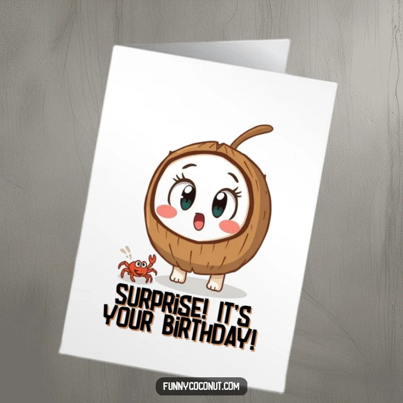 Funny Free Printable Birthday Card: A coconut with shocked eyes watches a tiny crab scuttle by, a humorous, downloadable, print-at-home surprise.