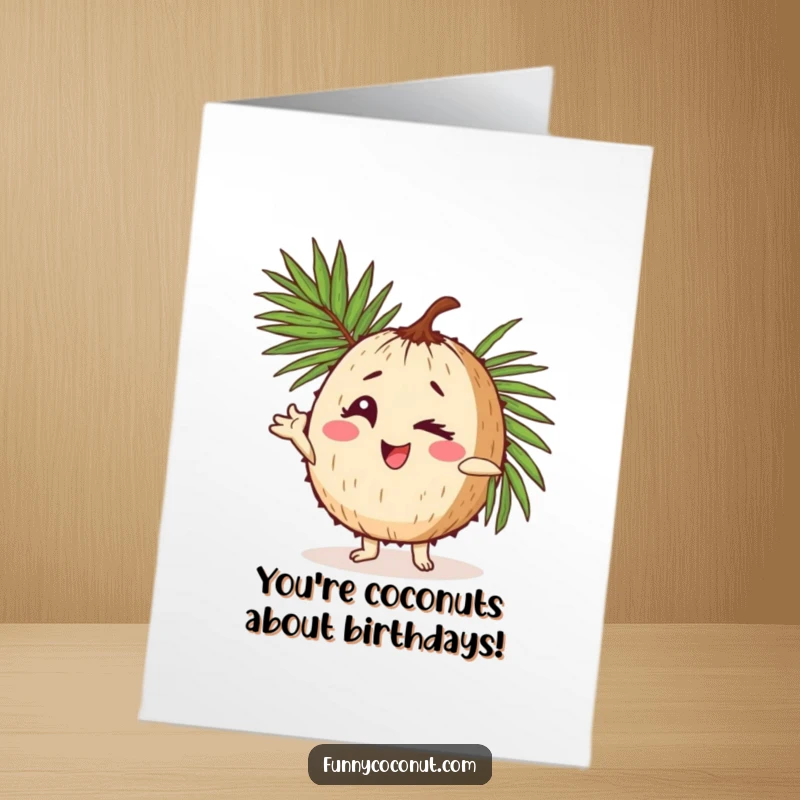 Funny Free Printable Birthday Card: a coconut character winks playfully while striking a cool pose with a palm frond.