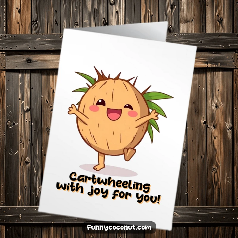Funny Free Printable Congratulations Card: Delighted coconut character cartwheeling, energetic, tropical, print at home surprise.